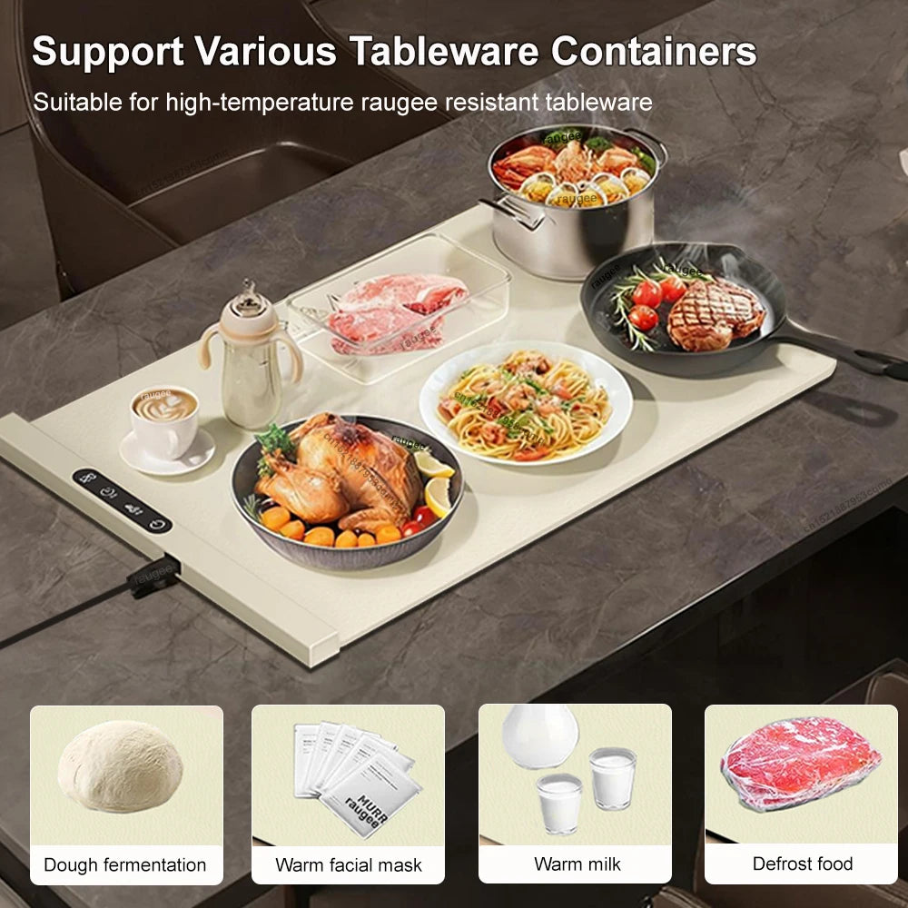 Electric Food Warmer Plate 10s Fast Heating Food Warmer Mat Foldable Dining Table Food Warming Tray Tem Settings Food Heat Plate